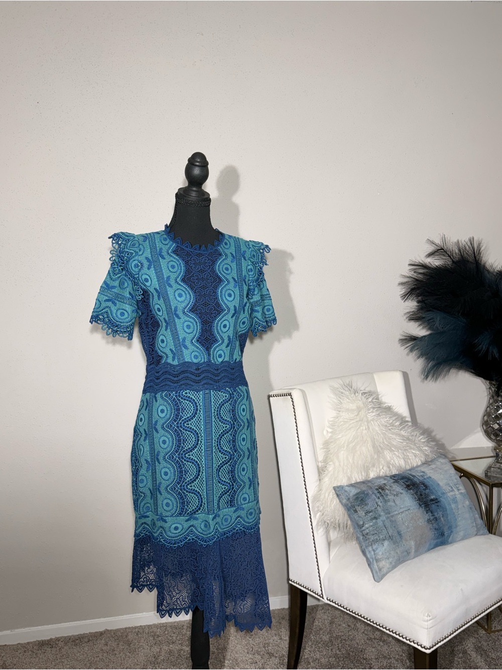 Sea New York Teal Navy Lace Mini Dress Size 8 Crochet Asymmetrical Boho Cocktail - Picture 5 of 11